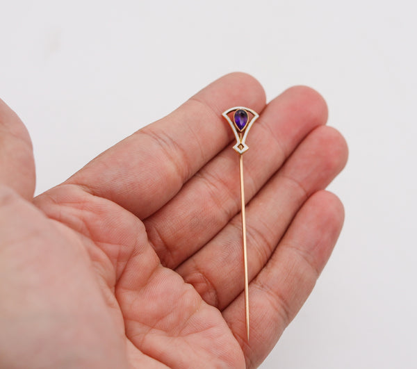 -Art Deco 1920 Enameled Stick Pin In 14Kt Yellow Gold With Purple Amethyst