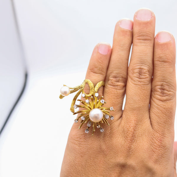 CARTIER 1970 Roger Lucas Sculptural Cocktail Ring With Diamonds & Pearls