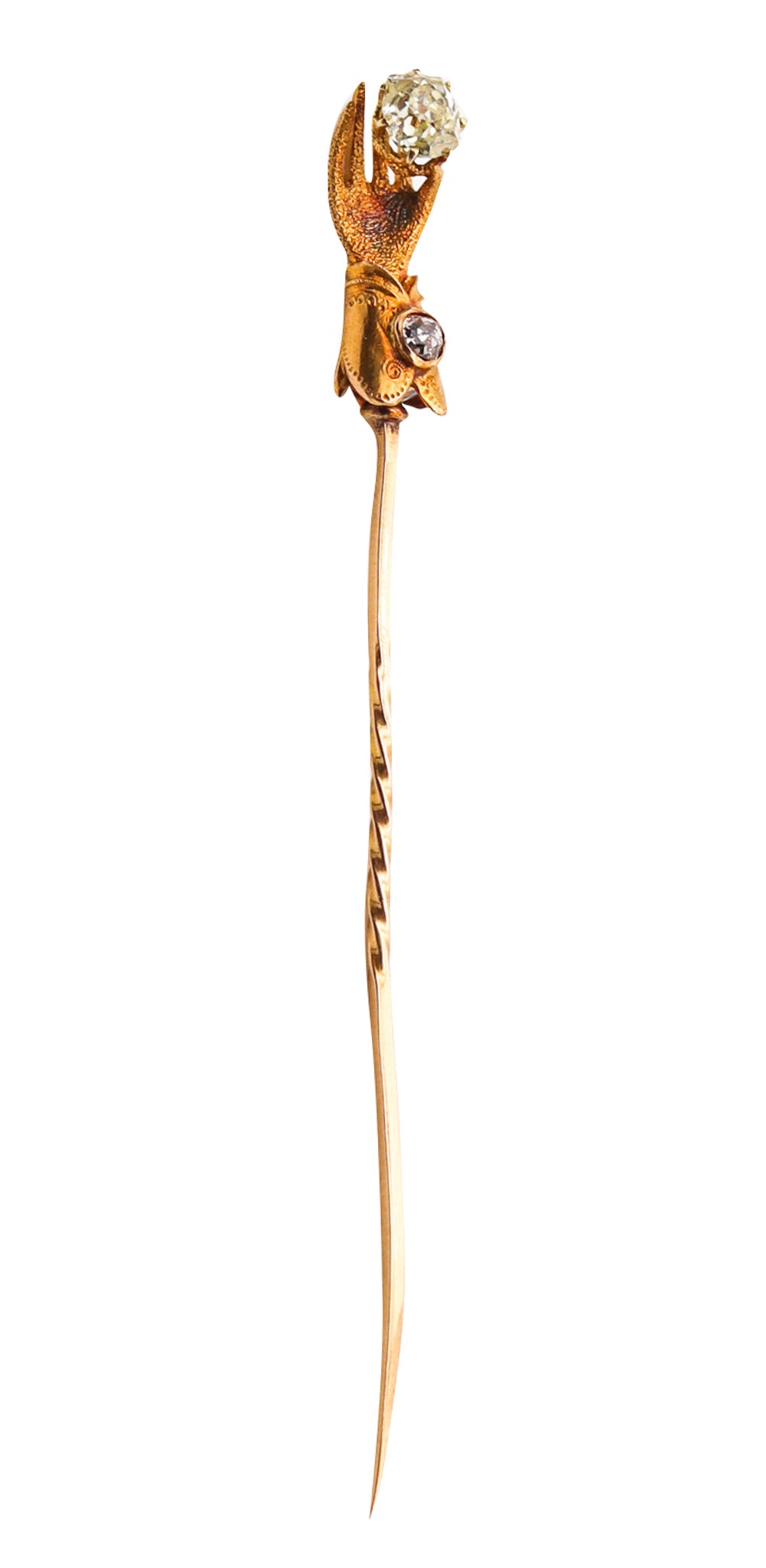 -Victorian 1880 Hand Glove Stick Pin In 18Kt Gold With Rose Cut Diamonds