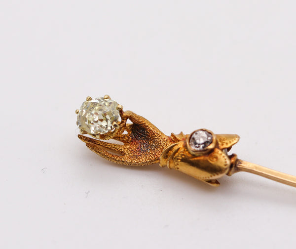 -Victorian 1880 Hand Glove Stick Pin In 18Kt Gold With Rose Cut Diamonds