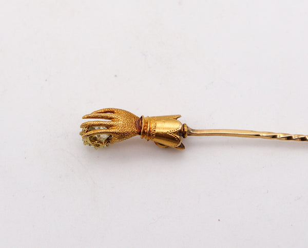 -Victorian 1880 Hand Glove Stick Pin In 18Kt Gold With Rose Cut Diamonds