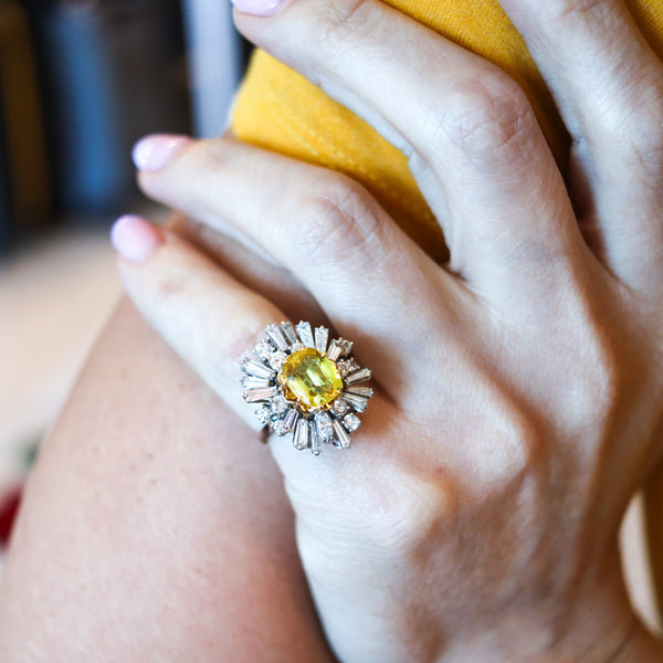 MODERNIST Cluster Cocktail Ring In 18Kt Gold 5.46 Ctw In Diamonds & Yellow Sapphires