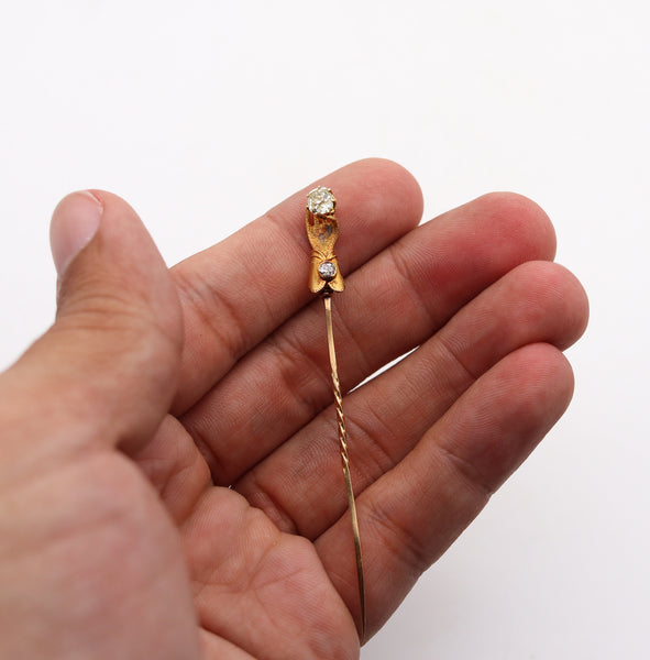 -Victorian 1880 Hand Glove Stick Pin In 18Kt Gold With Rose Cut Diamonds