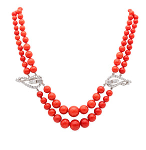 OSCAR HEYMAN Art-Deco Platinum Coral Necklace With 30.64 Ctw In VS Diamonds