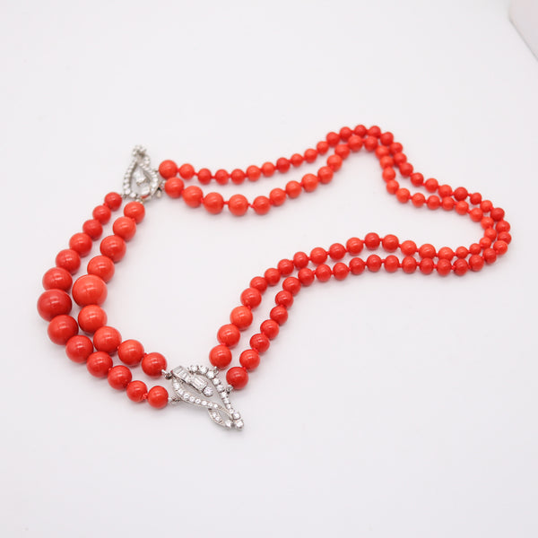 OSCAR HEYMAN Art-Deco Platinum Coral Necklace With 30.64 Ctw In VS Diamonds