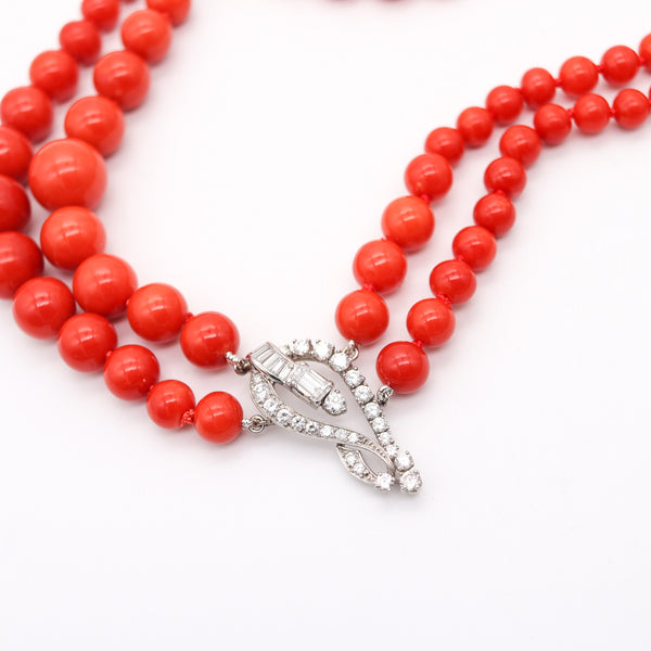 OSCAR HEYMAN Art-Deco Platinum Coral Necklace With 30.64 Ctw In VS Diamonds