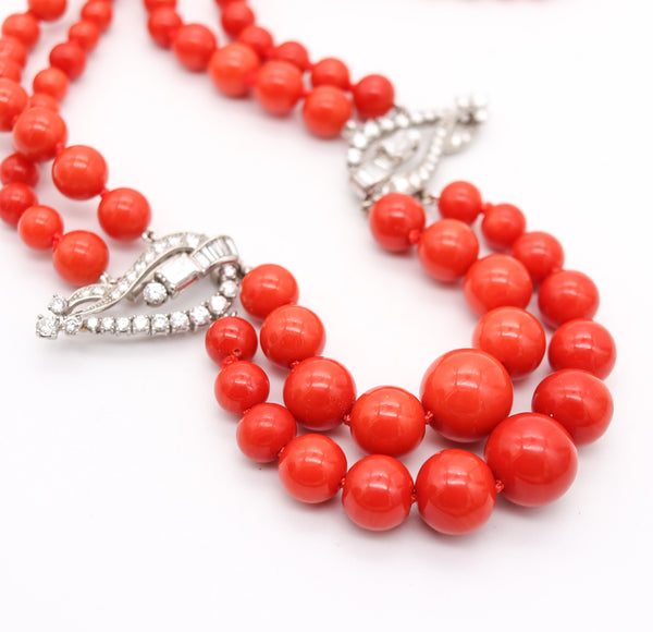 OSCAR HEYMAN Art-Deco Platinum Coral Necklace With 30.64 Ctw In VS Diamonds
