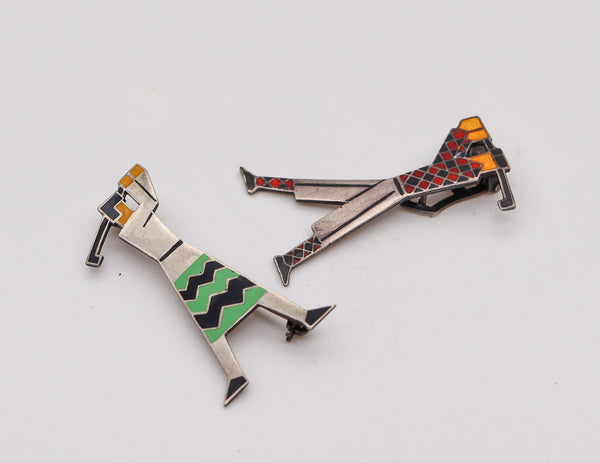 -German 1925 Art Deco Golfers Couple Enamelled Pin Brooches In Sterling Silver