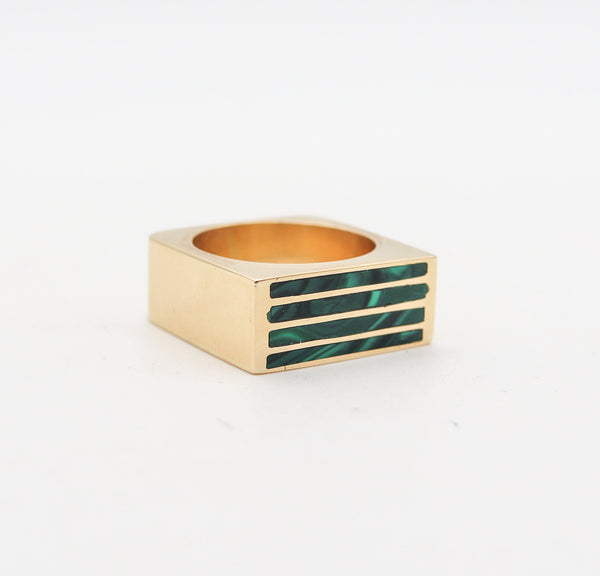 -Geometric 1970 Modernist Square Ring In 18Kt Yellow Gold With Inlaid Malachite