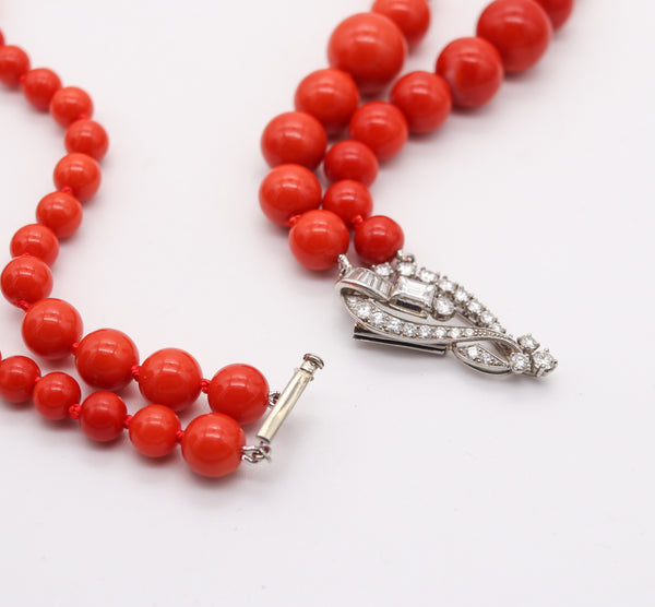 OSCAR HEYMAN Art-Deco Platinum Coral Necklace With 30.64 Ctw In VS Diamonds