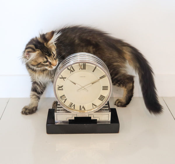 CARTIER Paris 1930 Art Deco Desk Partners-Clock In Sterling Silver & Lacquer