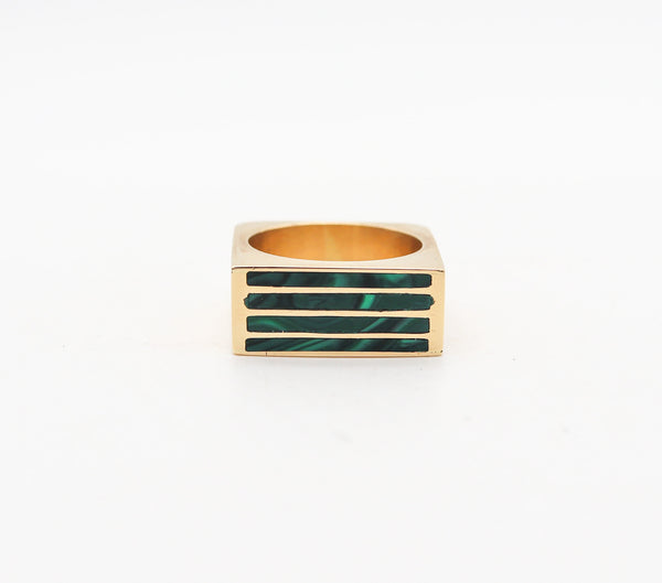 -Geometric 1970 Modernist Square Ring In 18Kt Yellow Gold With Inlaid Malachite