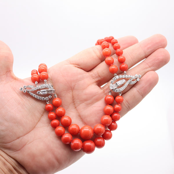 OSCAR HEYMAN Art-Deco Platinum Coral Necklace With 30.64 Ctw In VS Diamonds