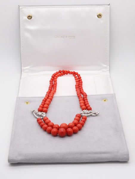 OSCAR HEYMAN Art-Deco Platinum Coral Necklace With 30.64 Ctw In VS Diamonds