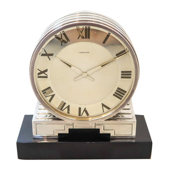 CARTIER Paris 1930 Art Deco Desk Partners-Clock In Sterling Silver & Lacquer