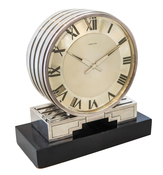 CARTIER Paris 1930 Art Deco Desk Partners-Clock In Sterling Silver & Lacquer