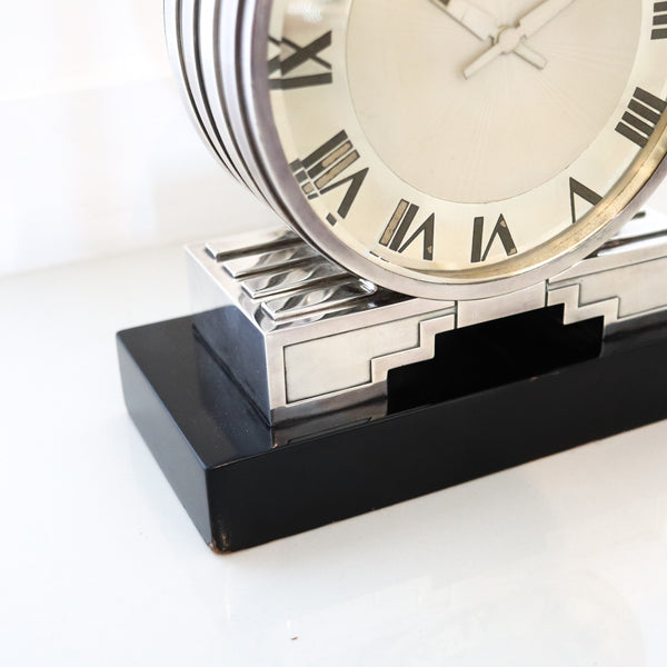 CARTIER Paris 1930 Art Deco Desk Partners-Clock In Sterling Silver & Lacquer
