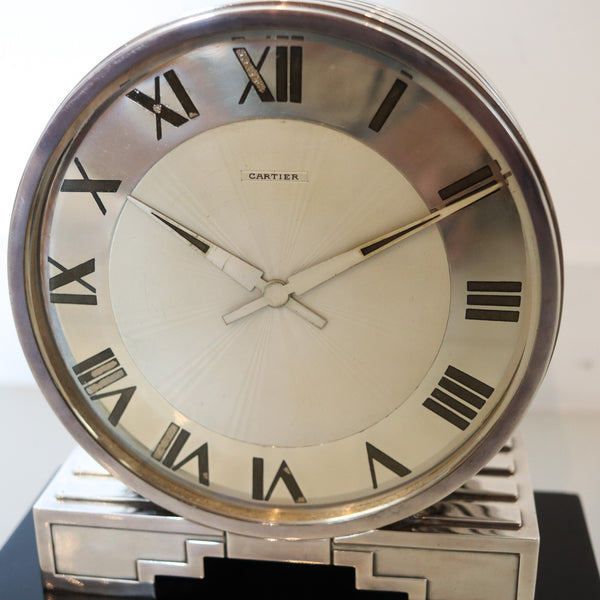 CARTIER Paris 1930 Art Deco Desk Partners-Clock In Sterling Silver & Lacquer