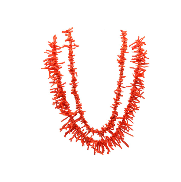 -Italian 1960 Double Strand Roots Coral Necklace Mount In Yellow Gold