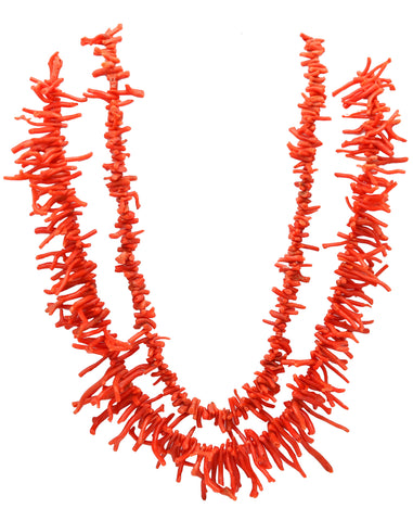 -Italian 1960 Double Strand Roots Coral Necklace Mount In Yellow Gold
