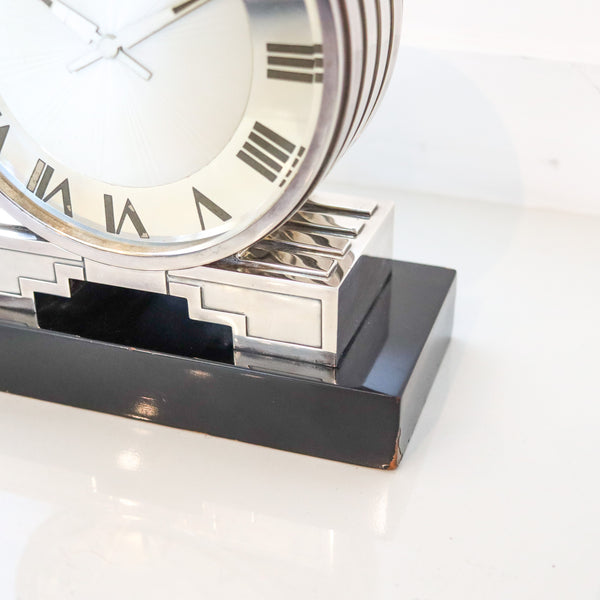 CARTIER Paris 1930 Art Deco Desk Partners-Clock In Sterling Silver & Lacquer