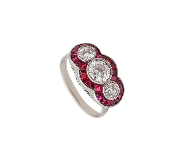 -Art Deco 1925 Three Gems Ring In Platinum With 1.42 Ctw Diamonds And Rubies
