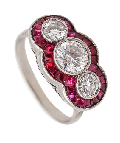 -Art Deco 1925 Three Gems Ring In Platinum With 1.42 Ctw Diamonds And Rubies