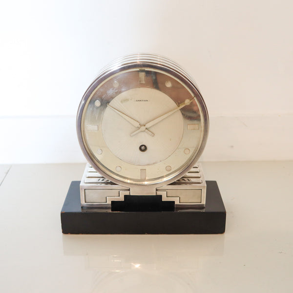 CARTIER Paris 1930 Art Deco Desk Partners-Clock In Sterling Silver & Lacquer