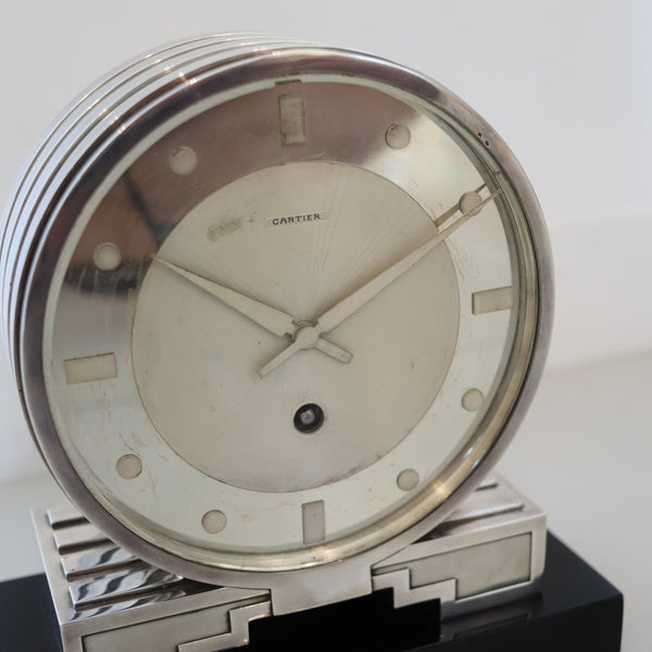 CARTIER Paris 1930 Art Deco Desk Partners-Clock In Sterling Silver & Lacquer