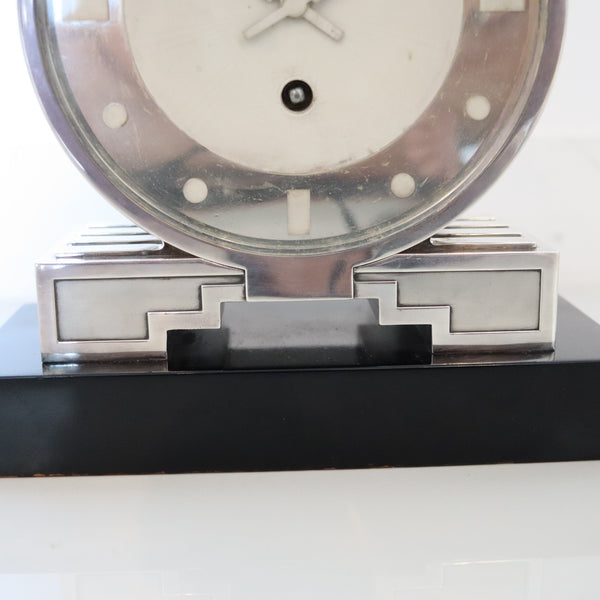CARTIER Paris 1930 Art Deco Desk Partners-Clock In Sterling Silver & Lacquer