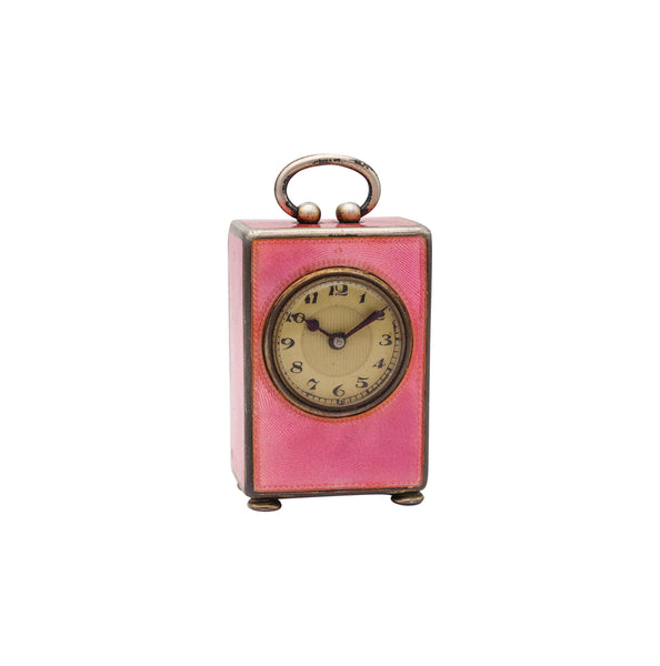 Edwardian 1908 Miniature Travel Clock In Sterling With Pink Guilloché Enamel And Fitted Case
