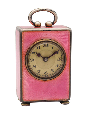 Edwardian 1908 Miniature Travel Clock In Sterling With Pink Guilloché Enamel And Fitted Case