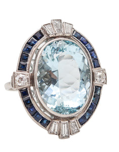 -Art Deco 1930 Cocktail Ring In Platinum With Aquamarine Diamonds And Sapphires
