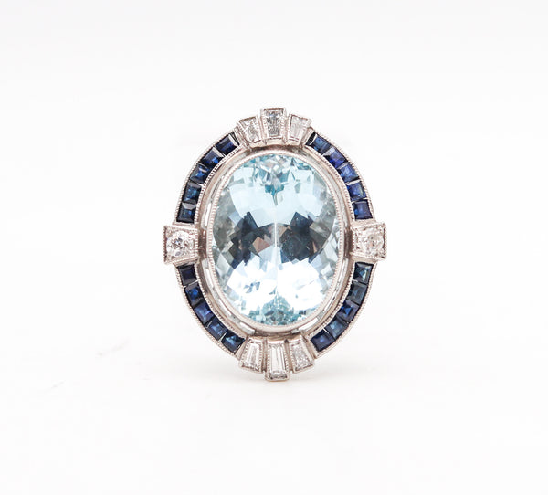 -Art Deco 1930 Cocktail Ring In Platinum With Aquamarine Diamonds And Sapphires