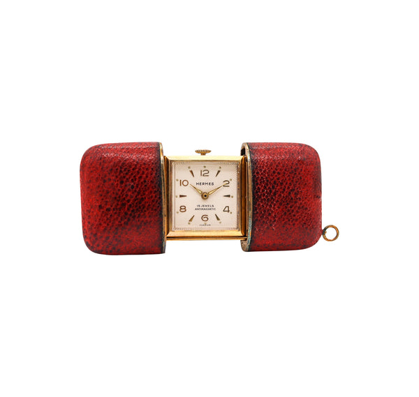 +Hermes Paris 1950 Ermeto Portable Purse Watch In Gilt And Reddish Leather