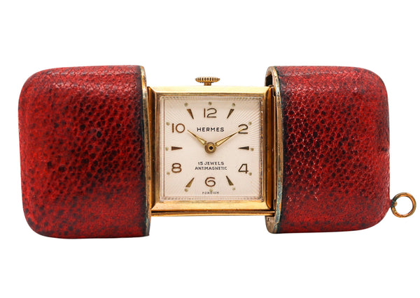 +Hermes Paris 1950 Ermeto Portable Purse Watch In Gilt And Reddish Leather