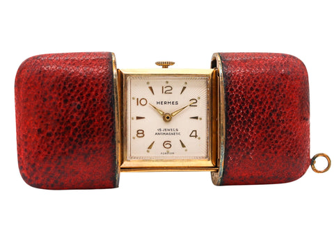+Hermes Paris 1950 Ermeto Portable Purse Watch In Gilt And Reddish Leather