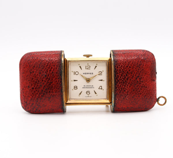 +Hermes Paris 1950 Ermeto Portable Purse Watch In Gilt And Reddish Leather