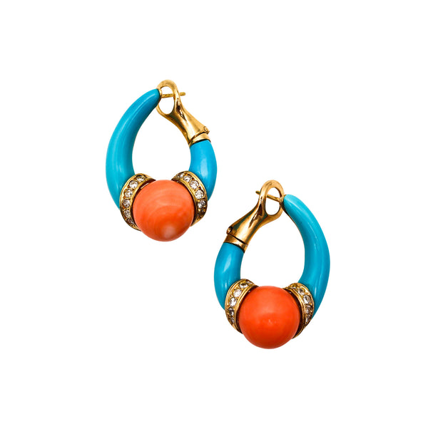 CARTIER 1950 Hoops Earrings In Solid 18Kt Gold With Diamonds, Turquoise & Corals