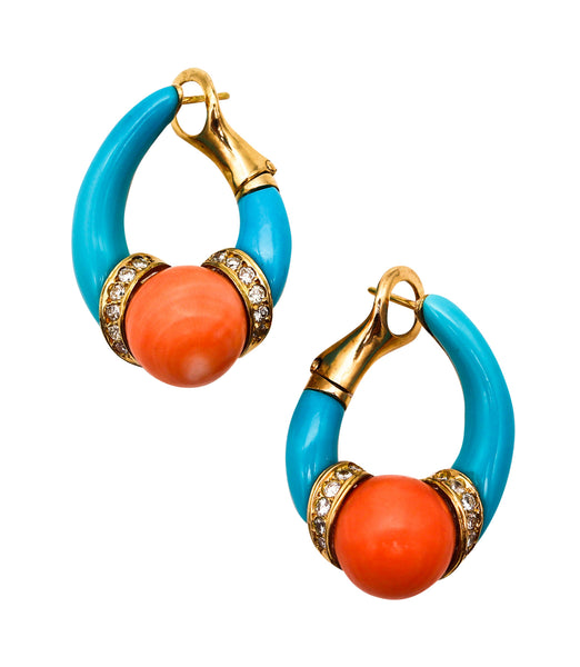 CARTIER 1950 Hoops Earrings In Solid 18Kt Gold With Diamonds, Turquoise & Corals