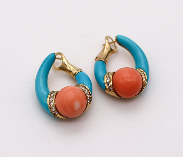 CARTIER 1950 Hoops Earrings In Solid 18Kt Gold With Diamonds, Turquoise & Corals