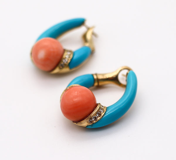 CARTIER 1950 Hoops Earrings In Solid 18Kt Gold With Diamonds, Turquoise & Corals