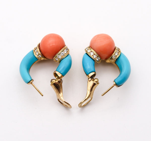 CARTIER 1950 Hoops Earrings In Solid 18Kt Gold With Diamonds, Turquoise & Corals