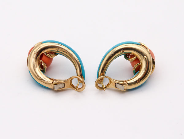 CARTIER 1950 Hoops Earrings In Solid 18Kt Gold With Diamonds, Turquoise & Corals