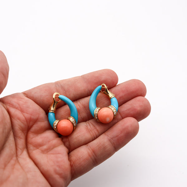 CARTIER 1950 Hoops Earrings In Solid 18Kt Gold With Diamonds, Turquoise & Corals