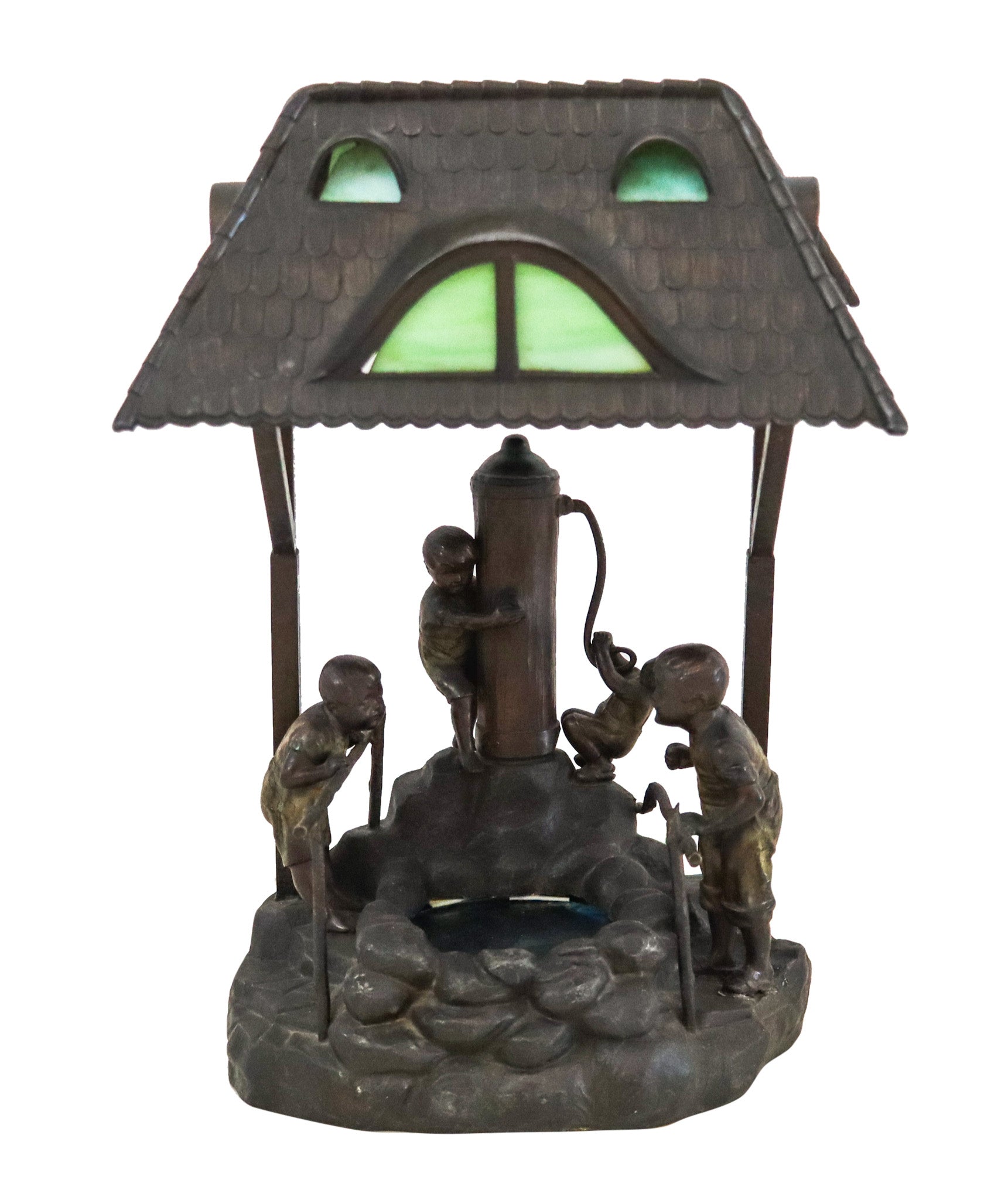 OSWALD SCHIMMELPFENNIG 1890 Table Lamp With Childrens In a Water Pump