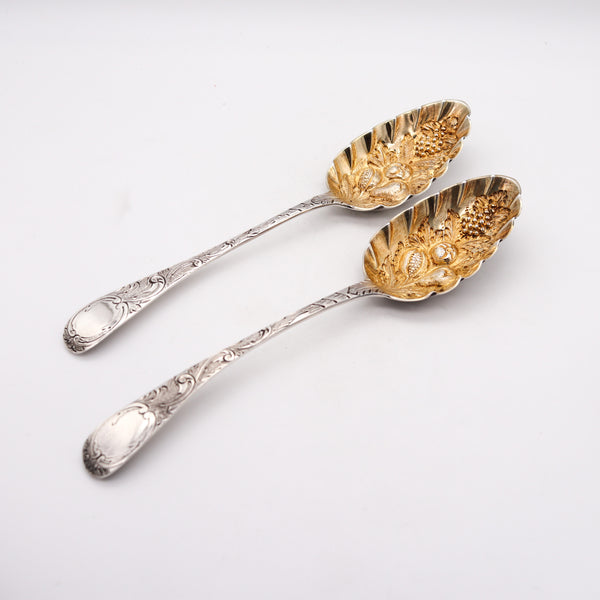 Thomas Barker 1825 London Georgian Pair Of Fruit Spoons In Gilded 925 Sterling