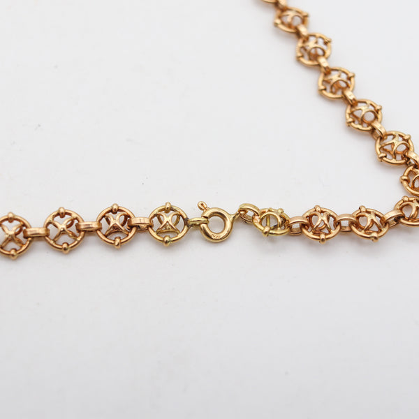 -French 1920 Art Deco Geometric Long Necklace Chain In Solid 18Kt Yellow Gold