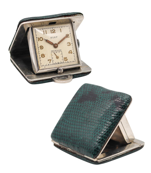 Fiat Watch Co 1950 Swiss Travel Pendant Clock In Nickel Silver And Green Leather