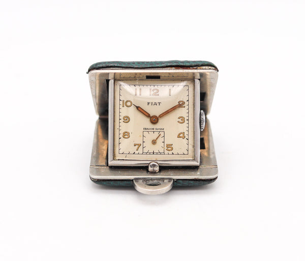 Fiat Watch Co 1950 Swiss Travel Pendant Clock In Nickel Silver And Green Leather